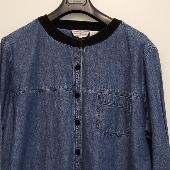 Vintage Westbound Denim Shirt Womens 1X Plus Button Up Long Sleeve Velour Accent - Picture 2 of 16